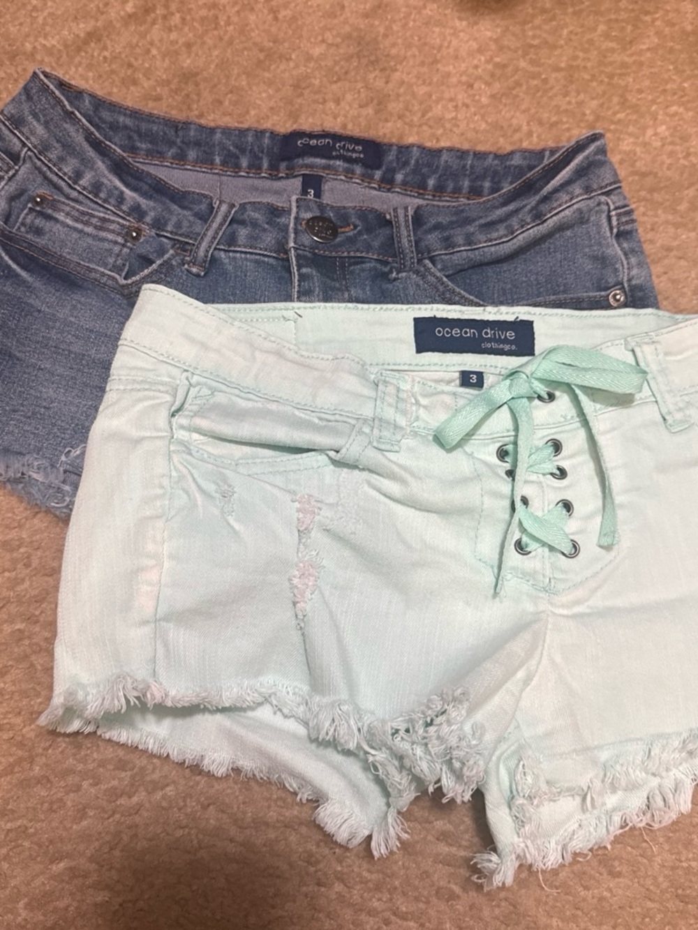 Ocean Drive Mint Lace-Up Distressed Denim Shorts and Light denim